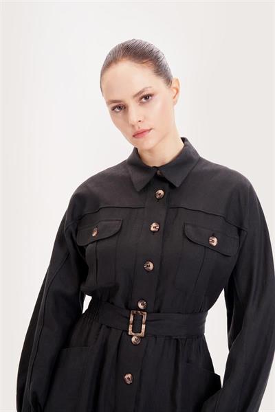 RIVA 100% LINEN BELTED DRESS BLACK