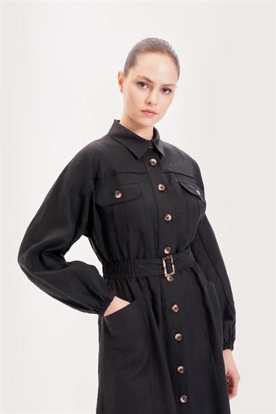 RIVA 100% LINEN BELTED DRESS BLACK