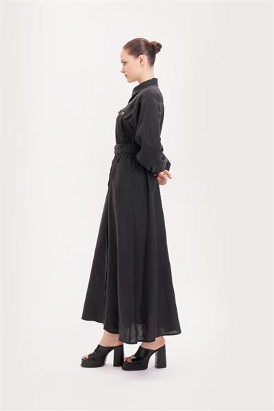RIVA 100% LINEN BELTED DRESS BLACK