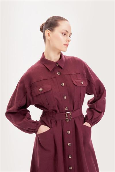 RIVA 100% LINEN BELTED DRESS BURGUNDY