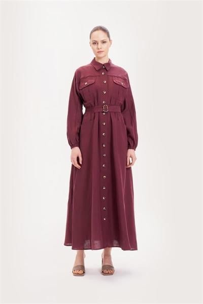 RIVA 100% LINEN BELTED DRESS BURGUNDY