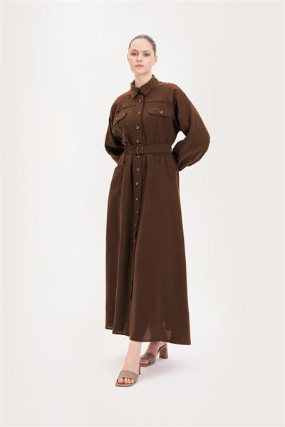RIVA 100% LINEN BELTED DRESS DARK BROWN