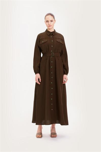 RIVA 100% LINEN BELTED DRESS DARK BROWN