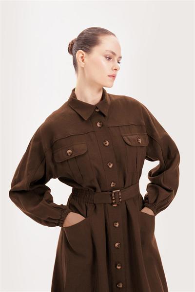 RIVA 100% LINEN BELTED DRESS DARK BROWN