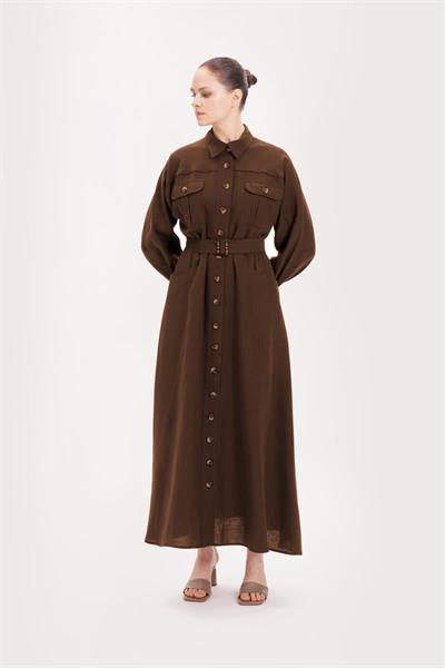 RIVA 100% LINEN BELTED DRESS DARK BROWN