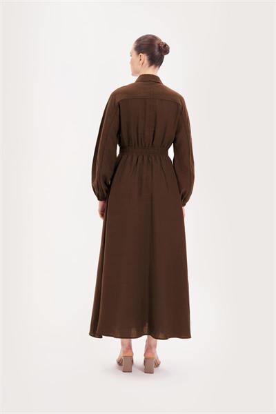 RIVA 100% LINEN BELTED DRESS DARK BROWN