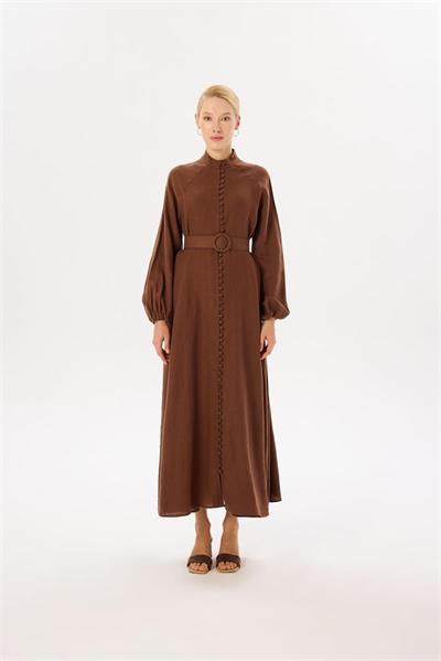 ROYAL 100% LINEN BUTTONED BELT DRESS BROWN