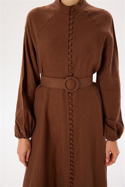 ROYAL 100% LINEN BUTTONED BELT DRESS BROWN