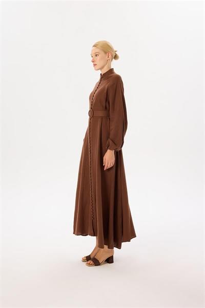 ROYAL 100% LINEN BUTTONED BELT DRESS BROWN