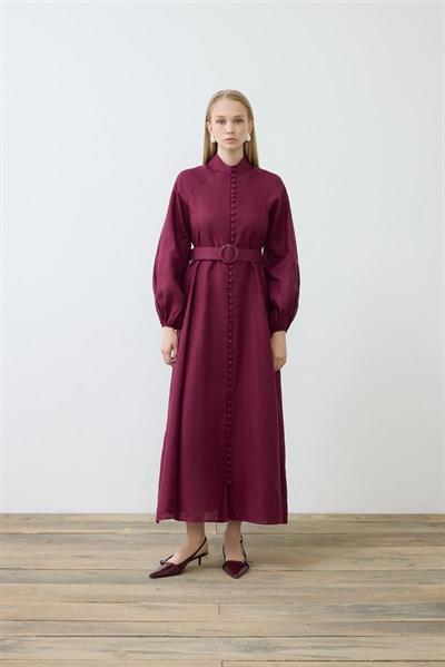 ROYAL 100% LINEN BUTTONED BELT DRESS BURGUNDY