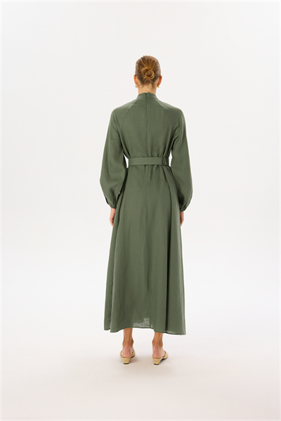 ROYAL 100% LINEN BUTTONED BELT DRESS KHAKI