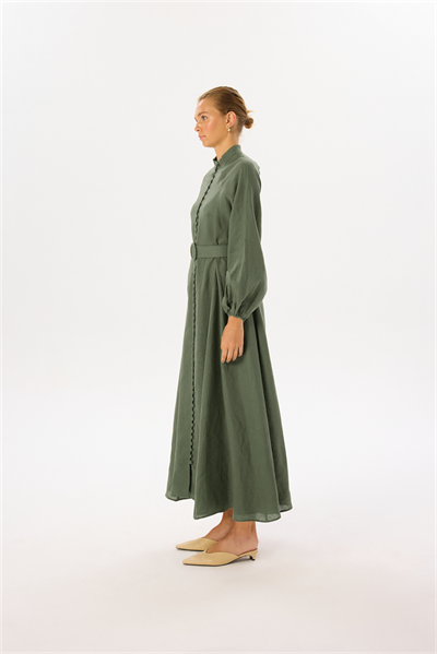 ROYAL 100% LINEN BUTTONED BELT DRESS KHAKI