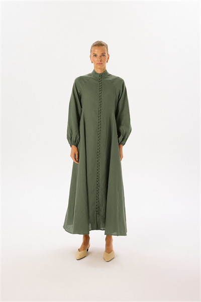 ROYAL 100% LINEN BUTTONED BELT DRESS KHAKI