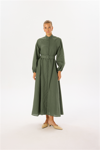 ROYAL 100% LINEN BUTTONED BELT DRESS KHAKI