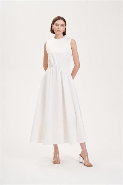 ROYAL COTTON SLEEVELESS SPORTS STITCH FLARED DRESS WHITE