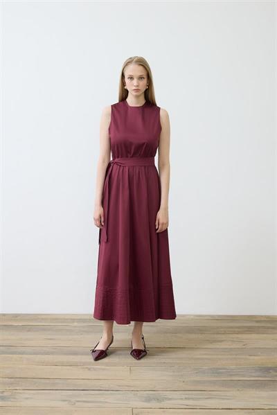 ROYAL COTTON SLEEVELESS SPORTS STITCH FLARED DRESS BURGUNDY