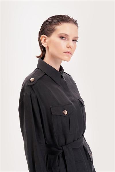 SAFARI 100% LINEN POCKET DRESS BLACK