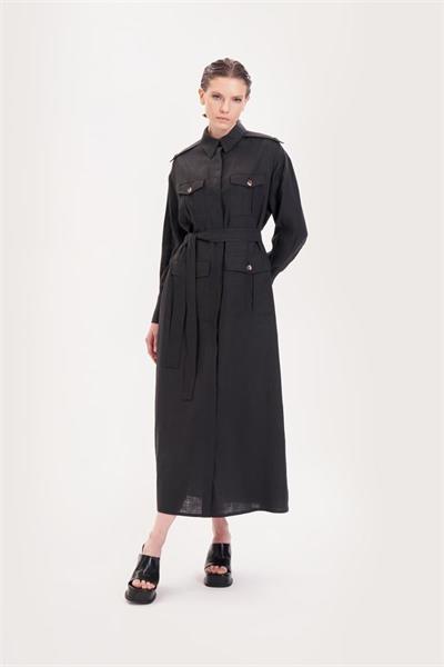 SAFARI 100% LINEN POCKET DRESS BLACK