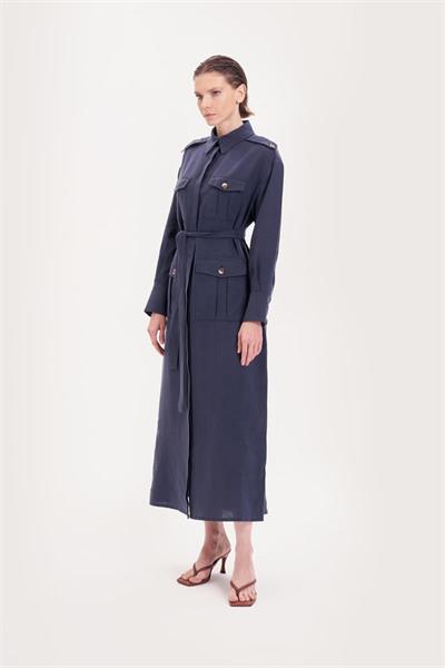 SAFARI 100% LINEN POCKET DRESS NAVY BLUE