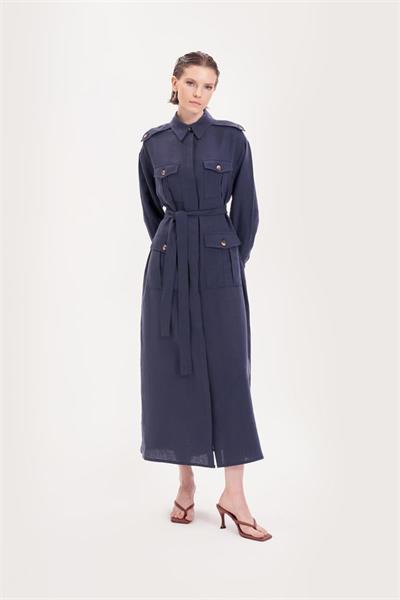 SAFARI 100% LINEN POCKET DRESS NAVY BLUE
