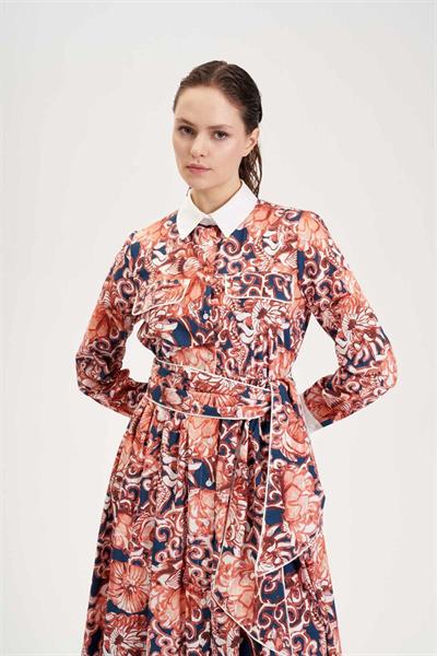 SOFIA PATTERNED PIPING DETAILED COTTON DRESS NAVY BLUE