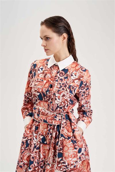 SOFIA PATTERNED PIPING DETAILED COTTON DRESS NAVY BLUE