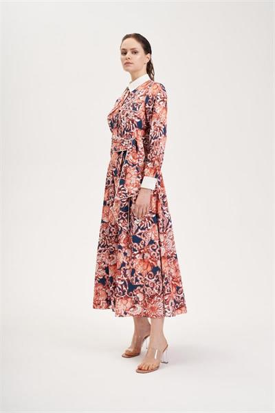 SOFIA PATTERNED PIPING DETAILED COTTON DRESS NAVY BLUE