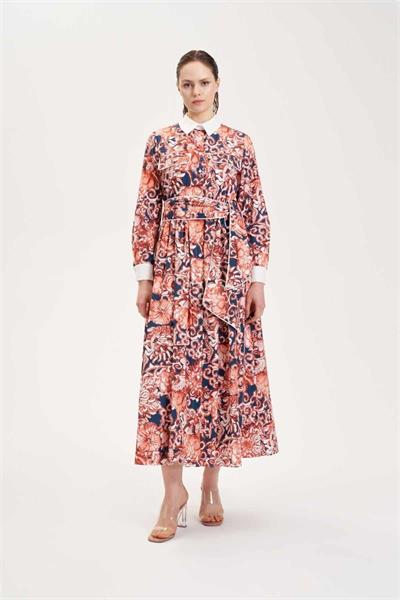 SOFIA PATTERNED PIPING DETAILED COTTON DRESS NAVY BLUE