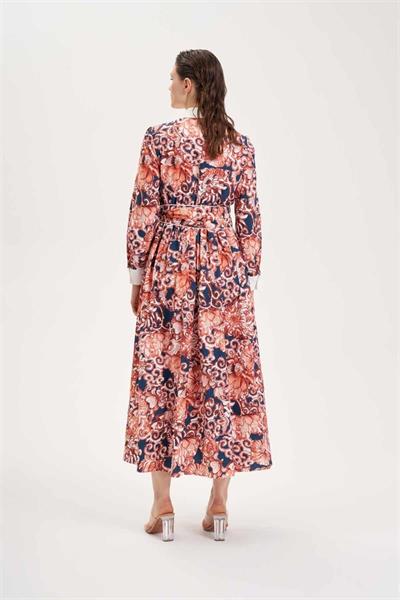 SOFIA PATTERNED PIPING DETAILED COTTON DRESS NAVY BLUE