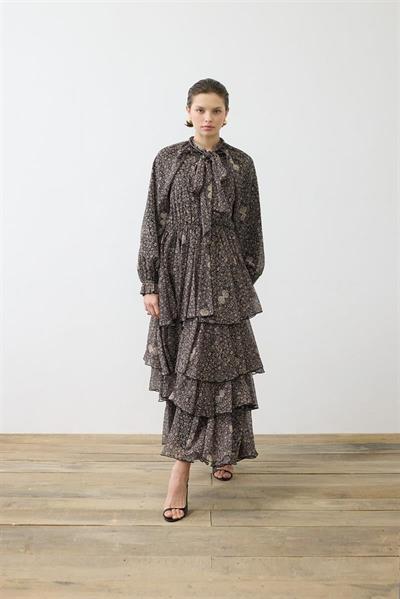 SPRING PATTERNED CHIFFON LAYERED DRESS BLACK