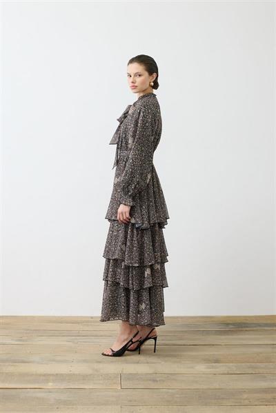 SPRING PATTERNED CHIFFON LAYERED DRESS BLACK