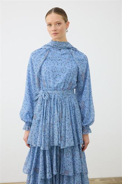 SPRING PATTERNED CHIFFON LAYERED DRESS BABY BLUE