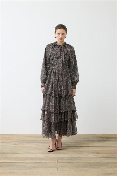 SPRING PATTERNED CHIFFON LAYERED DRESS BLACK