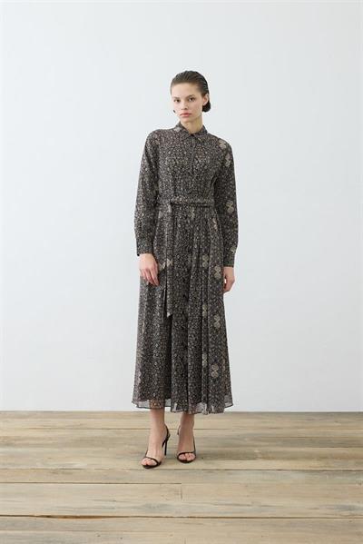 SPRING PATTERNED CHIFFON SHIRT DRESS BLACK