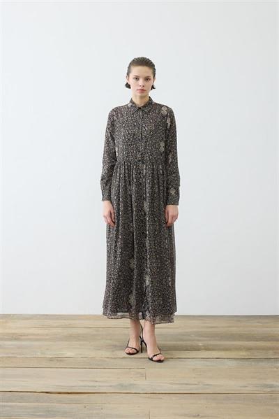 SPRING PATTERNED CHIFFON SHIRT DRESS BLACK
