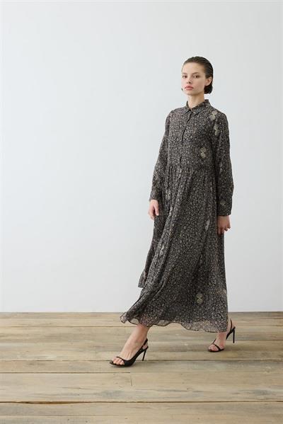 SPRING PATTERNED CHIFFON SHIRT DRESS BLACK