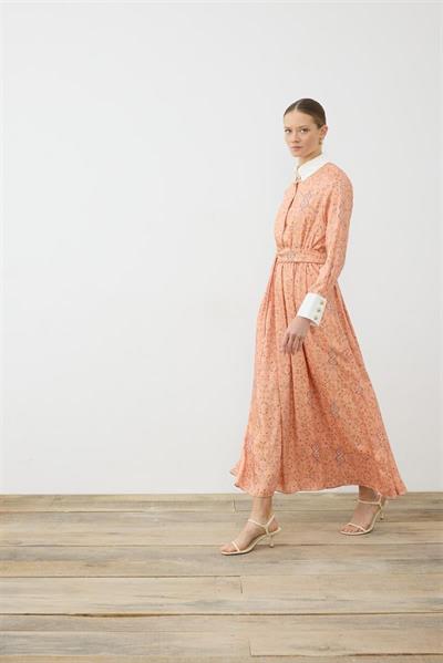 SPRING PATTERNED COLLAR DETAILED TWILL DRESS ORANGE