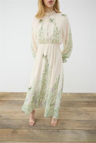 SUMBUL PATTERNED HALF BELTED CHIFFON DRESS BEIGE