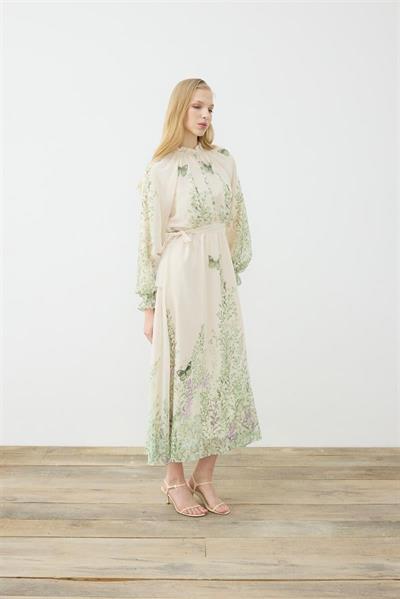 SUMBUL PATTERNED HALF BELTED CHIFFON DRESS BEIGE