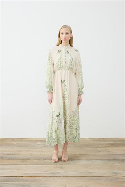 SUMBUL PATTERNED HALF BELTED CHIFFON DRESS BEIGE