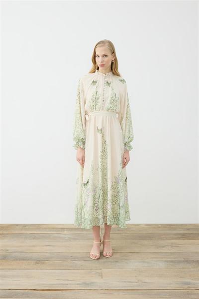 SUMBUL PATTERNED HALF BELTED CHIFFON DRESS BEIGE