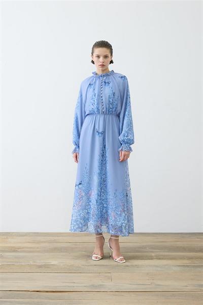 SUMBUL PATTERNED HALF BELTED CHIFFON DRESS BABY BLUE