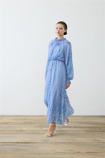 SUMBUL PATTERNED HALF BELTED CHIFFON DRESS BABY BLUE
