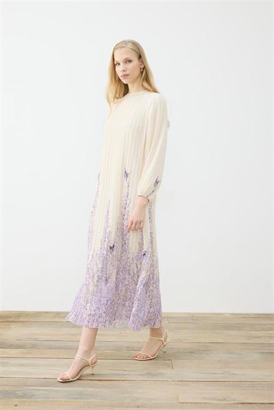 SUMBUL PATTERNED PLEATED CHIFFON DRESS WHITE