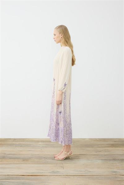 SUMBUL PATTERNED PLEATED CHIFFON DRESS WHITE