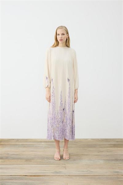 SUMBUL PATTERNED PLEATED CHIFFON DRESS WHITE