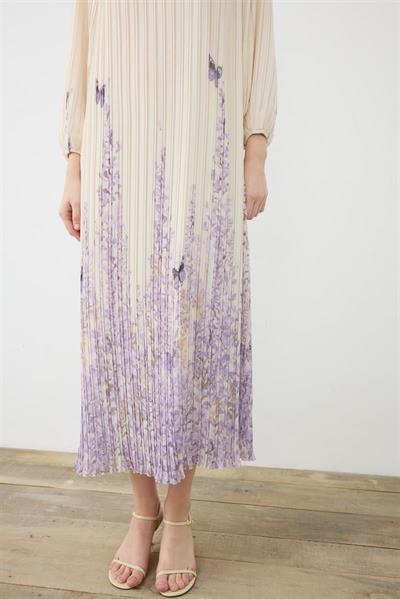 SUMBUL PATTERNED PLEATED CHIFFON DRESS WHITE