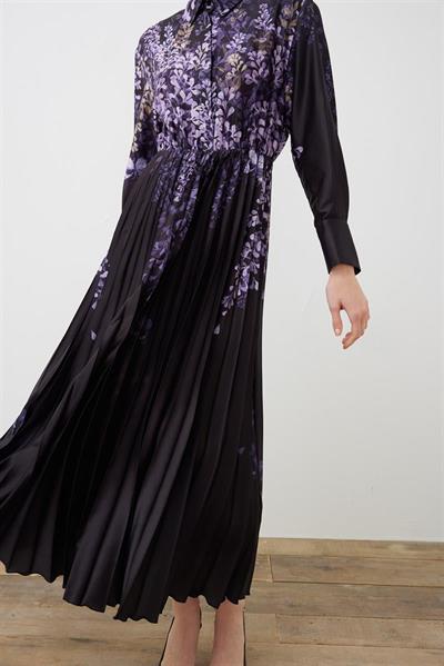 SUMBUL PATTERNED TWILL PLEATED DRESS BLACK