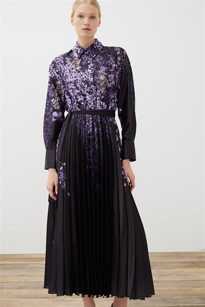 SUMBUL PATTERNED TWILL PLEATED DRESS BLACK