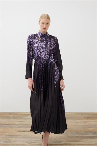 SUMBUL PATTERNED TWILL PLEATED DRESS BLACK